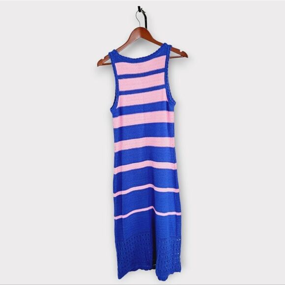 Scoop NYC Blue Pink Striped Crochet Knit Open Knit Midi Dress in Surf the Web M - Picture 5 of 10